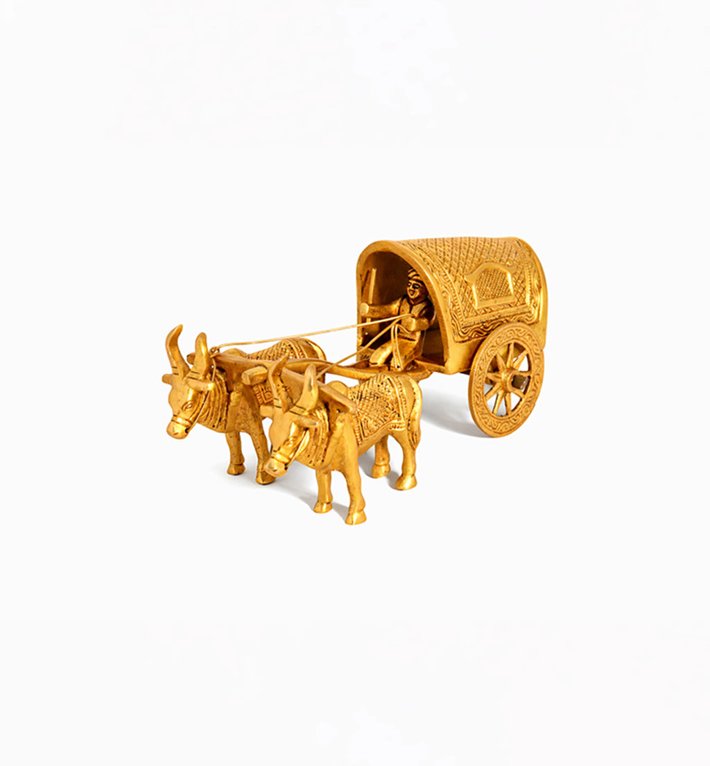 Handcrafted Bell Metal Bullock Cart with Canopy – Traditional Village Scene