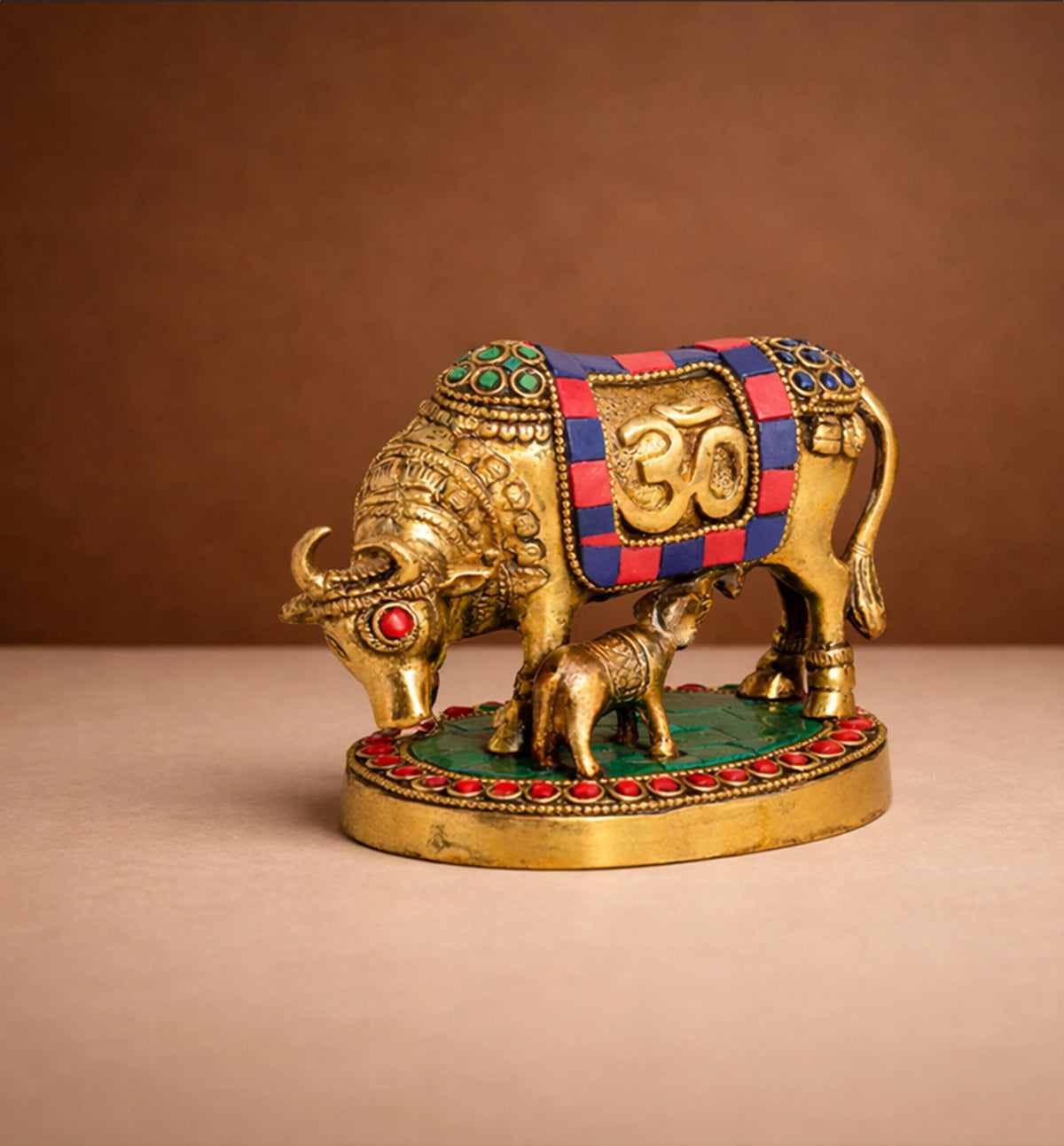 Handcrafted Bell Metal Kamdhenu Cow with Calf – Meenakari Finish