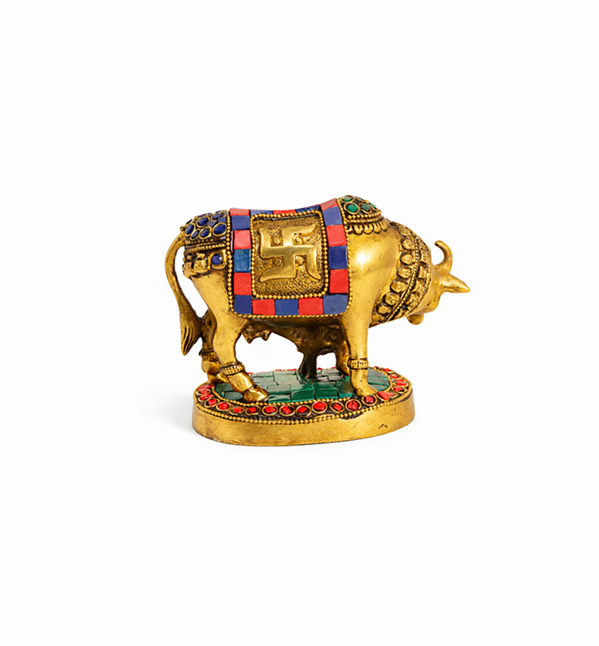 Handcrafted Bell Metal Kamdhenu Cow with Calf – Meenakari Finish
