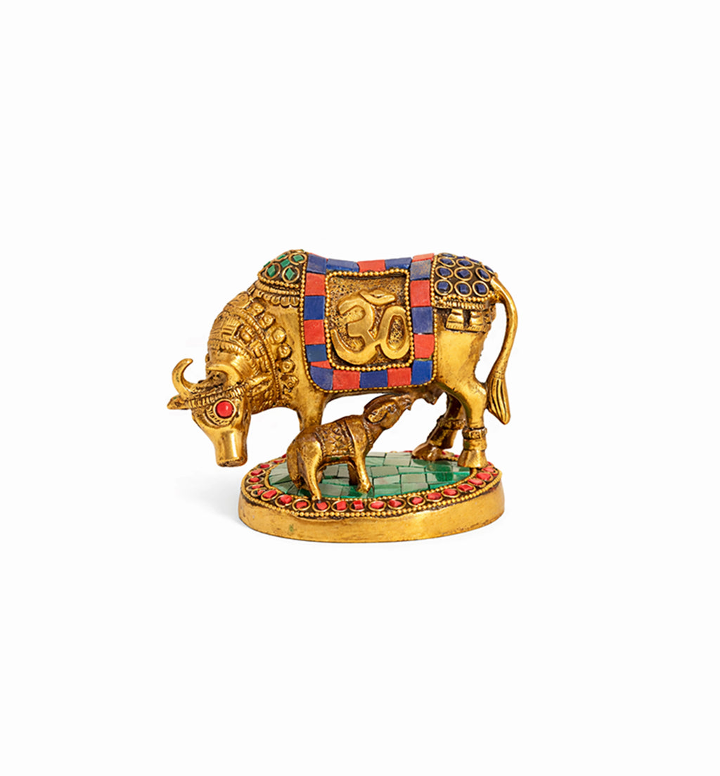 Handcrafted Bell Metal Kamdhenu Cow with Calf – Meenakari Finish