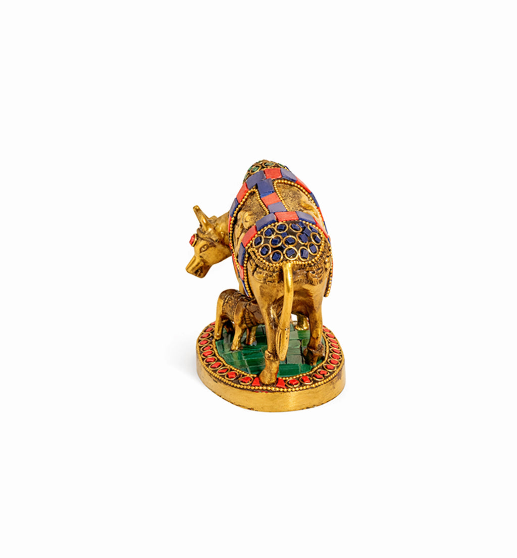 Handcrafted Bell Metal Kamdhenu Cow with Calf – Meenakari Finish