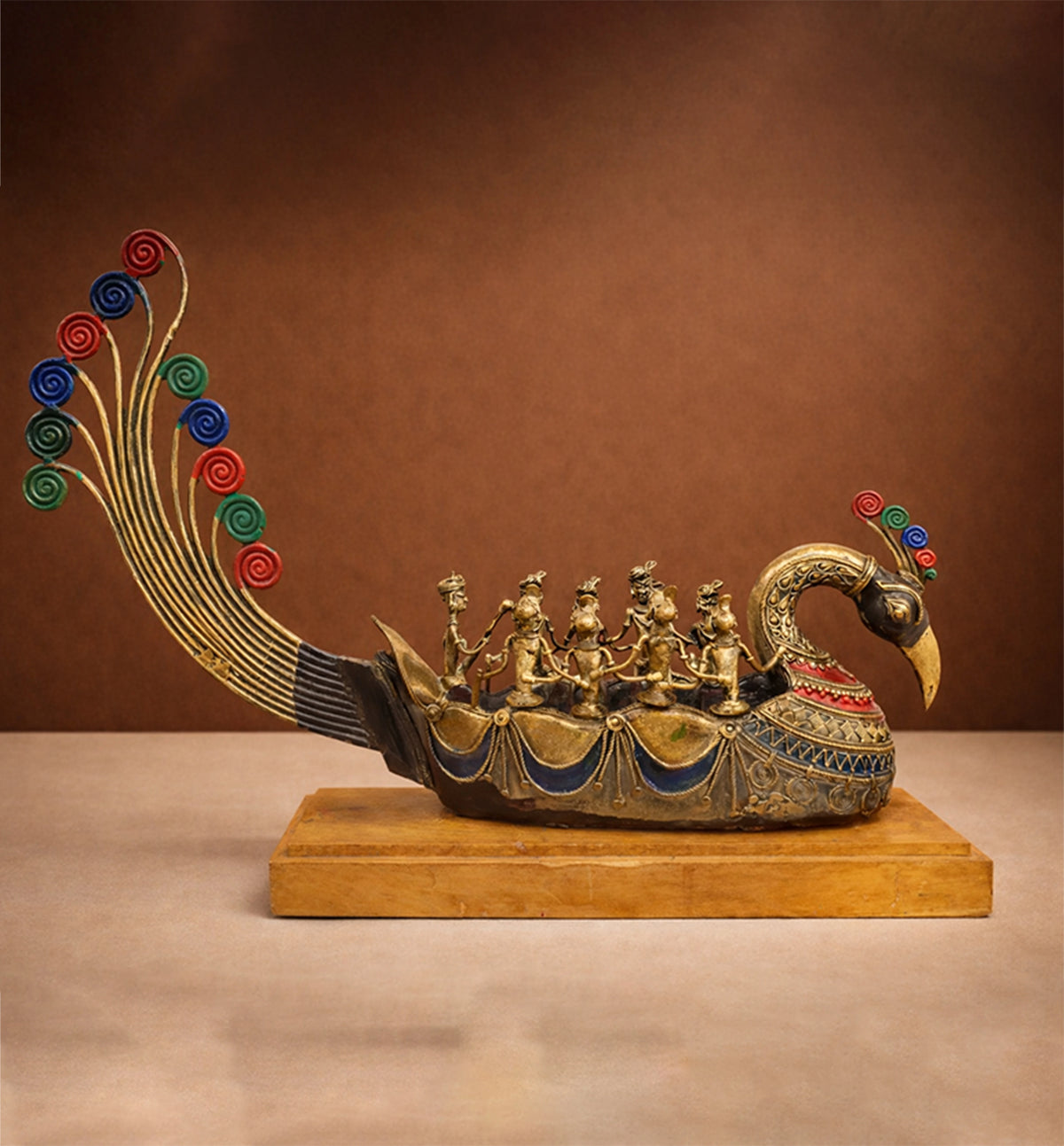 Handcrafted Brass Pushpak Viman showpiece on Natural Wood Base – Mythological Heritage Artefact