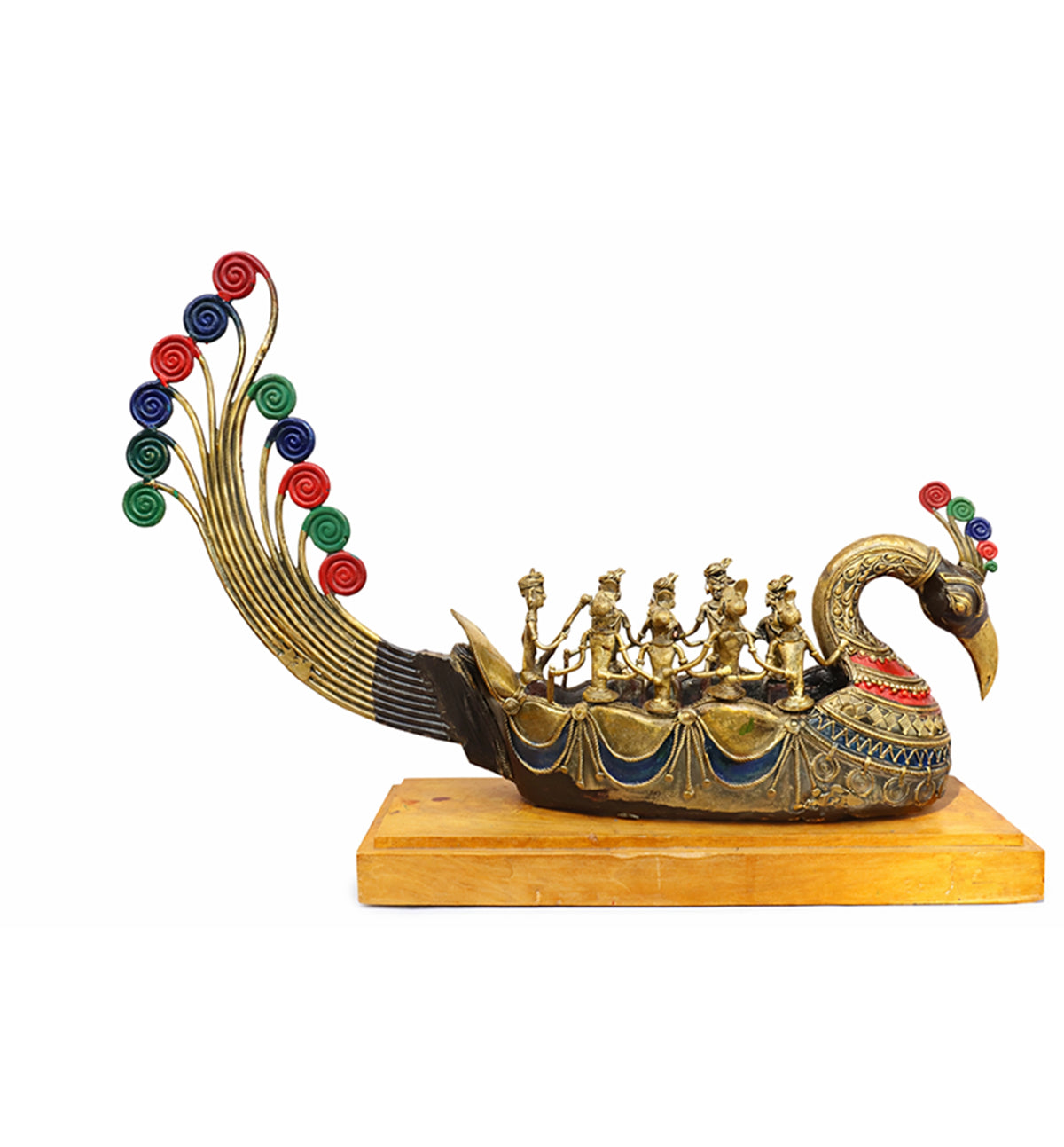 Handcrafted Brass Pushpak Viman showpiece on Natural Wood Base – Mythological Heritage Artefact