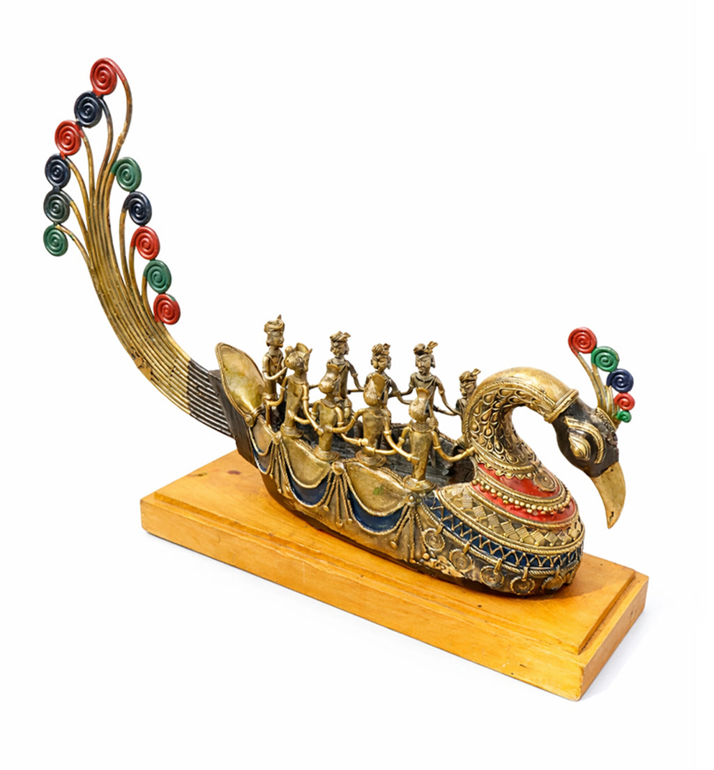 Handcrafted Brass Pushpak Viman showpiece on Natural Wood Base – Mythological Heritage Artefact