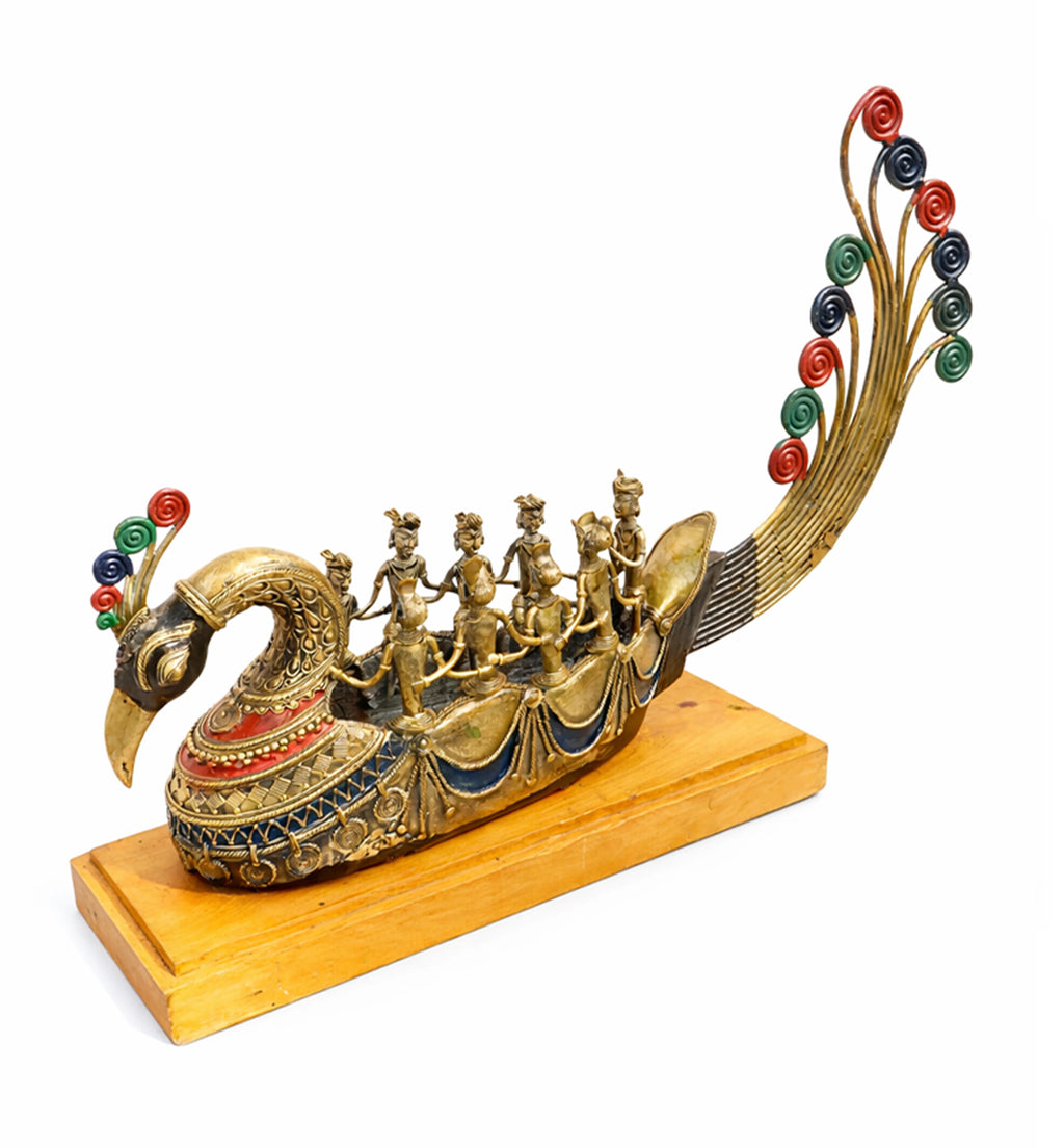 Handcrafted Brass Pushpak Viman showpiece on Natural Wood Base – Mythological Heritage Artefact