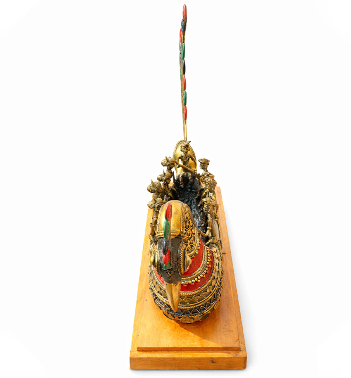 Handcrafted Brass Pushpak Viman showpiece on Natural Wood Base – Mythological Heritage Artefact