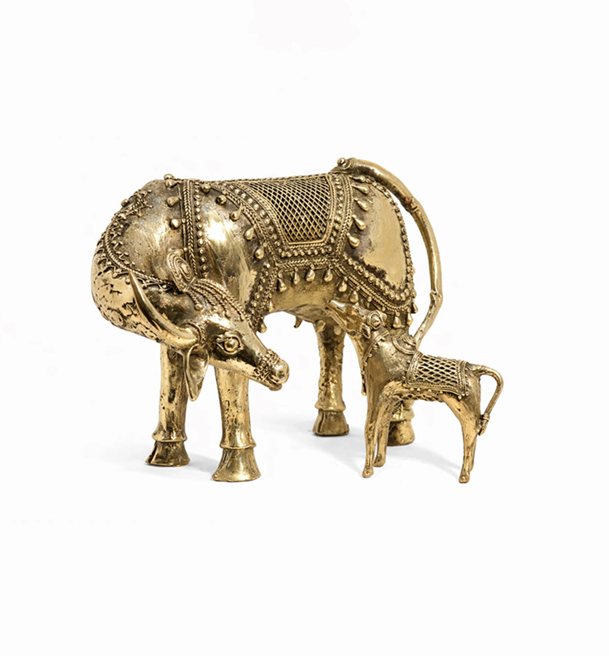 Handcrafted Brass Cow and Calf Sculpture – Traditional Bhareva Bell Metal Figurine