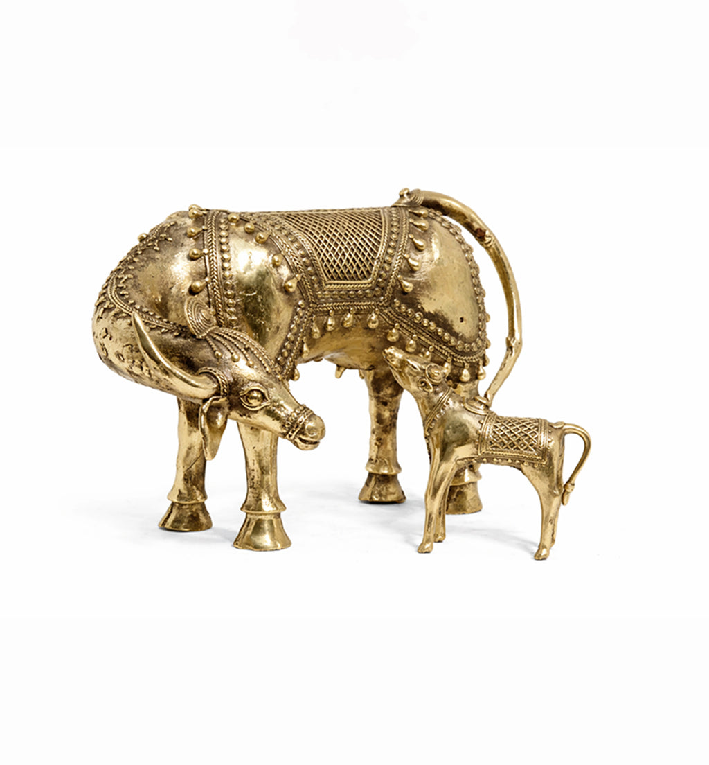 Handcrafted Brass Cow and Calf Sculpture – Traditional Bhareva Bell Metal Figurine