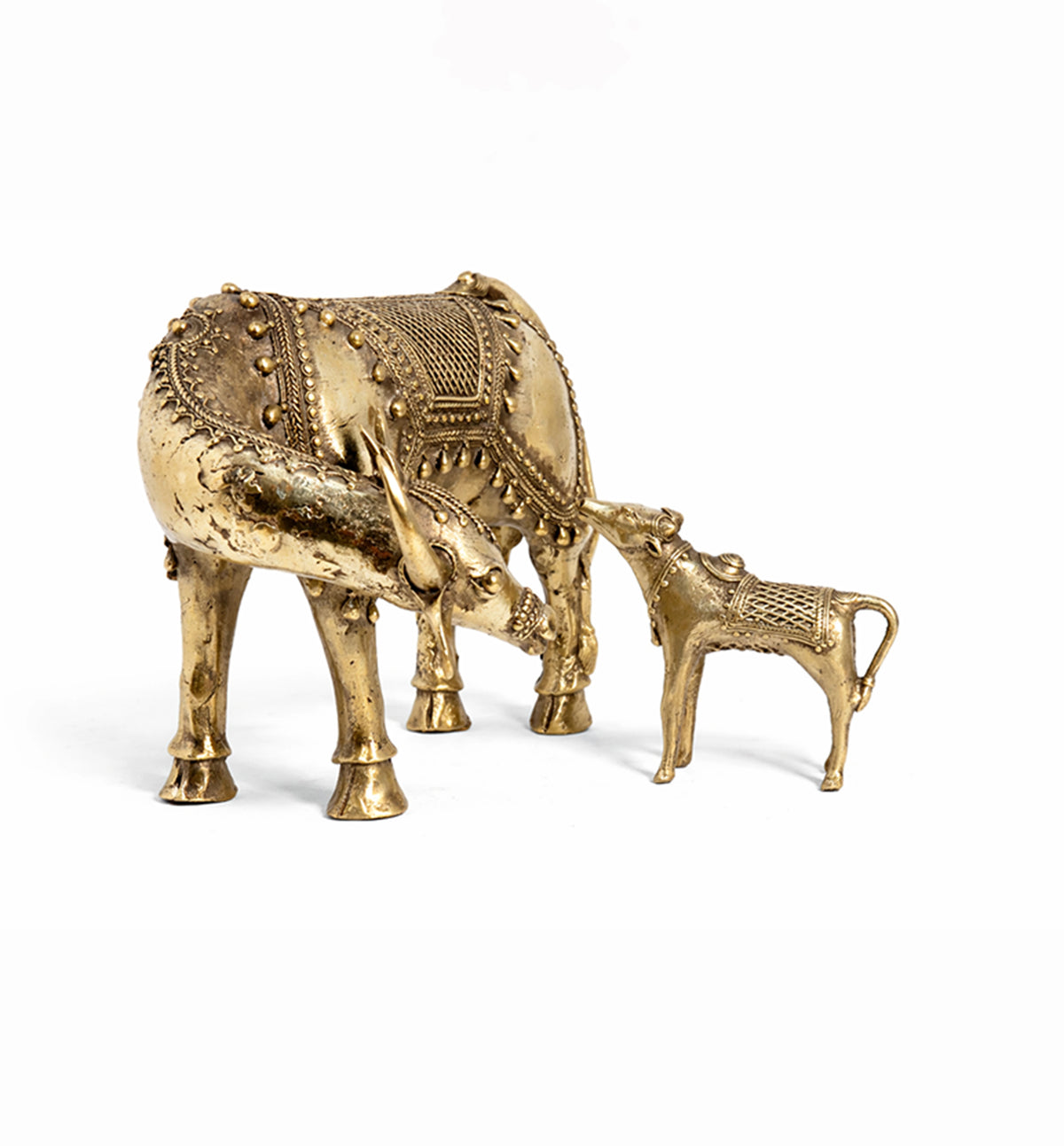 Handcrafted Brass Cow and Calf Sculpture – Traditional Bhareva Bell Metal Figurine