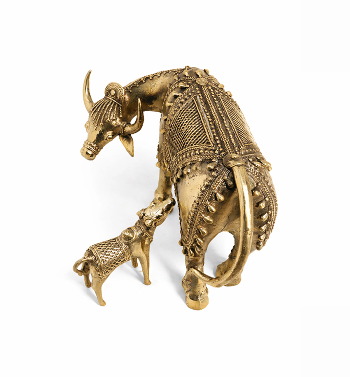 Handcrafted Brass Cow and Calf Sculpture – Traditional Bhareva Bell Metal Figurine