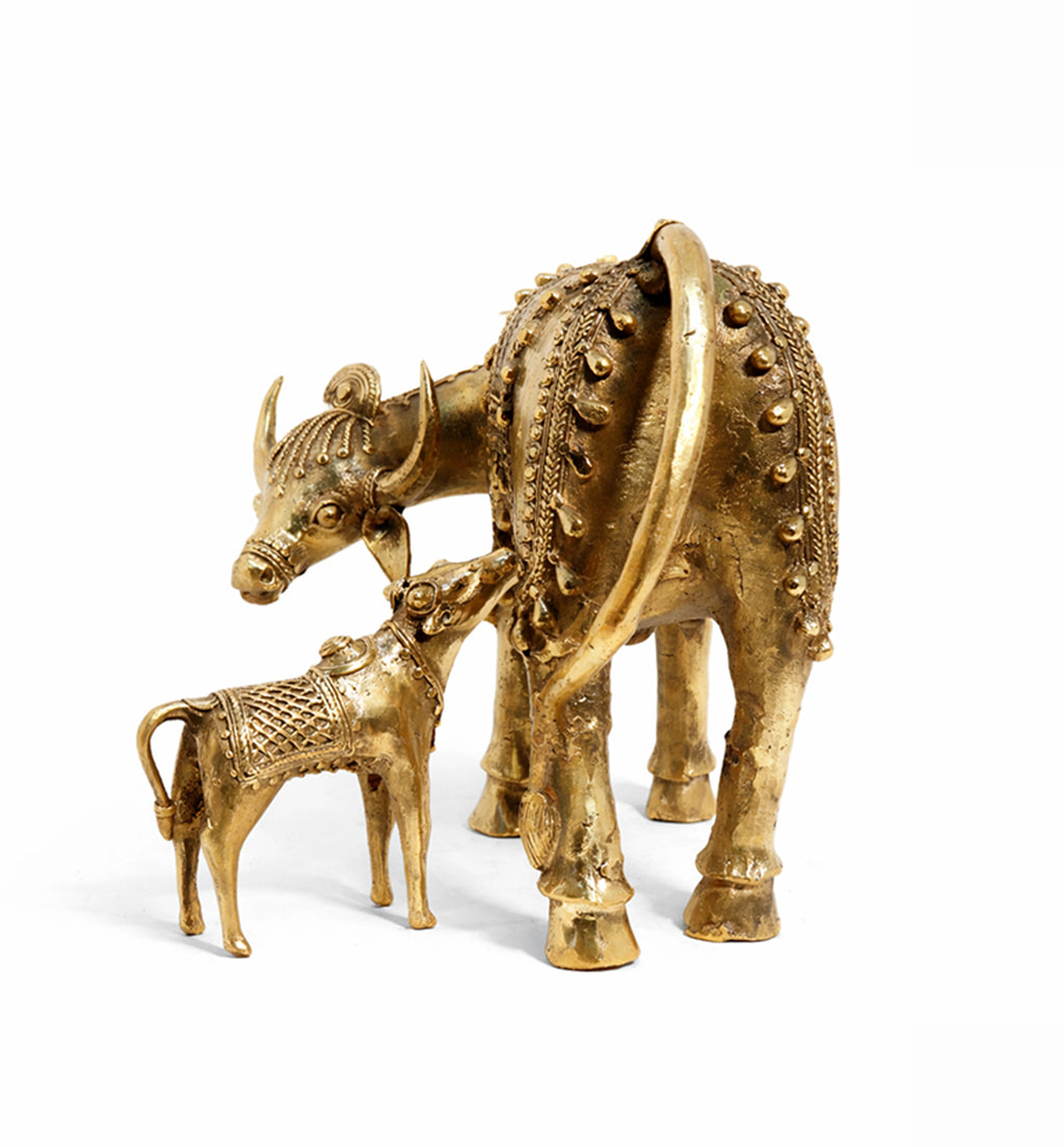 Handcrafted Brass Cow and Calf Sculpture – Traditional Bhareva Bell Metal Figurine