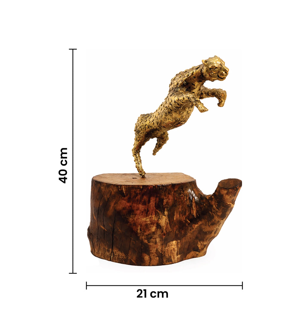 Handcrafted Brass Cheetah Hunting Scene showpiece on Natural Wood Base – Tribal Metal Artefact