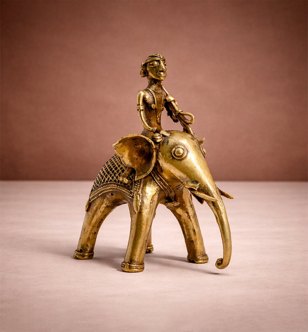 Handcrafted Brass Elephant with Mahavat Showpiece – Medium (Bhareva Craft)