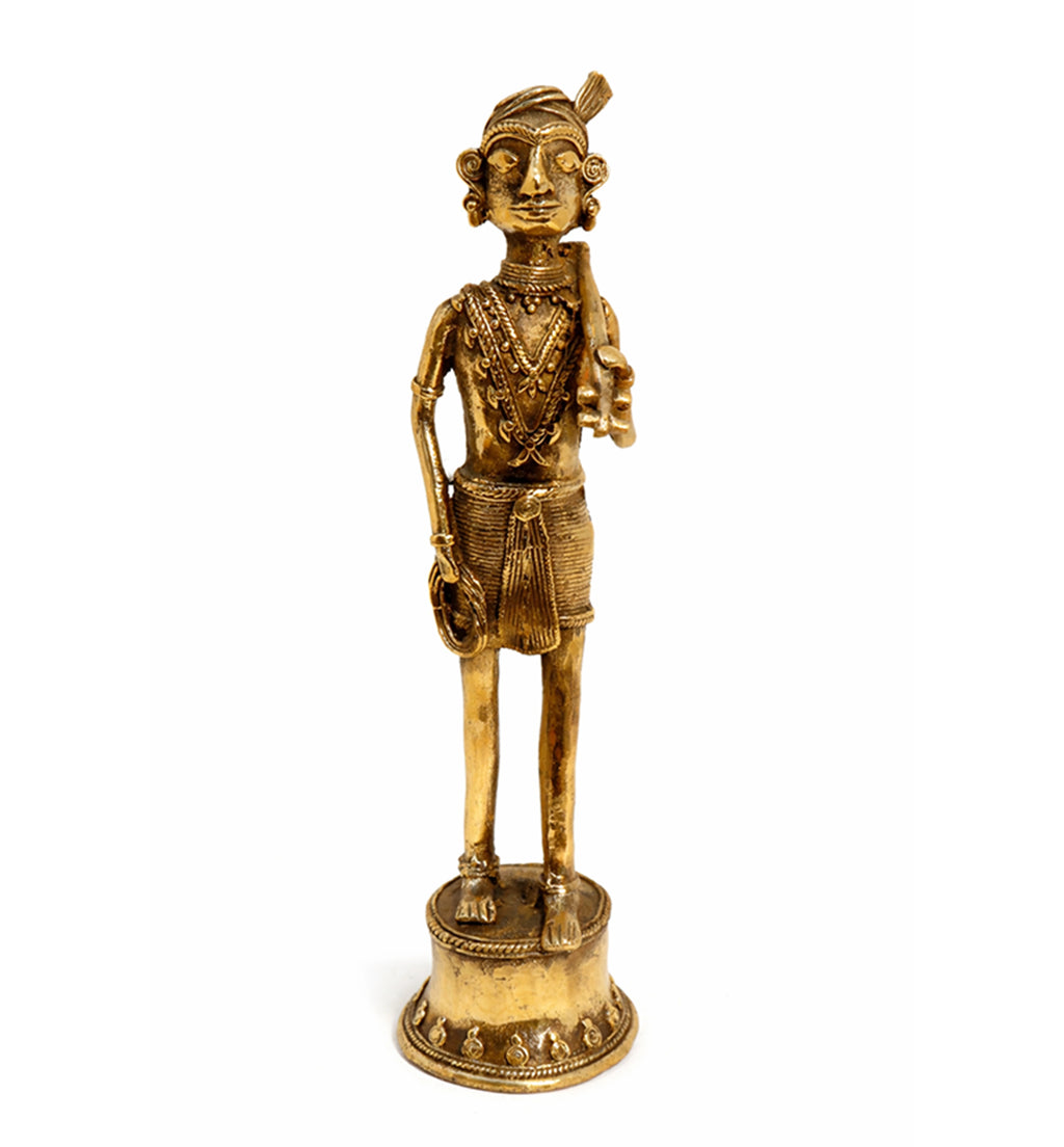 Handcrafted Brass Tribal Warrior Figurine – Traditional Bhareva Bell Metal Sculpture