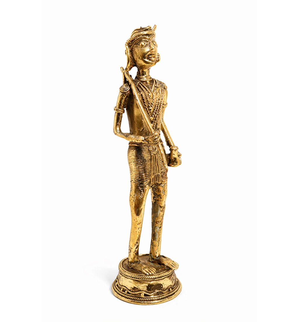 Handcrafted Brass Tribal Warrior Figurine – Traditional Bhareva Bell Metal Sculpture