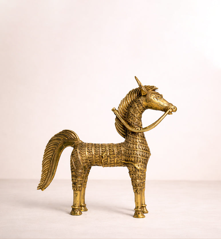 Handcrafted Large Brass Horse Showpiece – Intricate Tribal Bhareva Craft