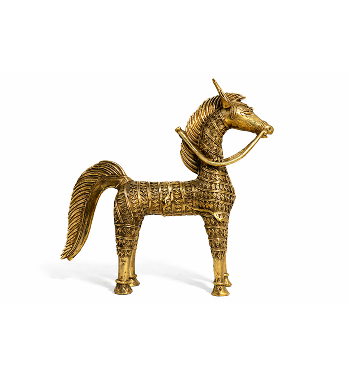 Handcrafted Large Brass Horse Showpiece – Intricate Tribal Bhareva Craft