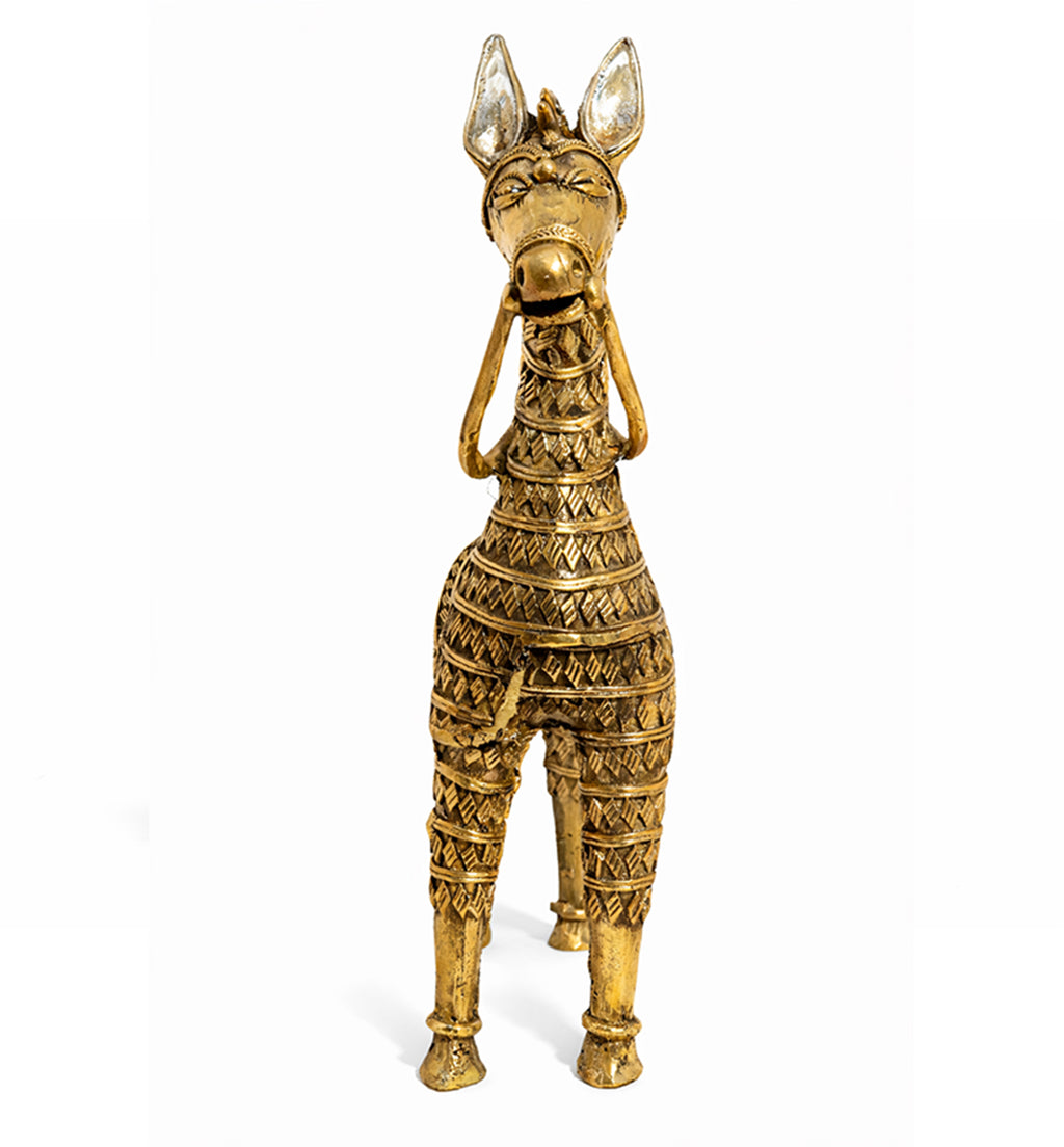 Handcrafted Large Brass Horse Showpiece – Intricate Tribal Bhareva Craft
