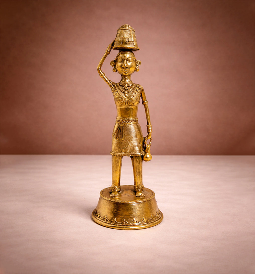 Handcrafted Brass Tribal Woman Figurine – Traditional Bhareva Bell Metal Sculpture