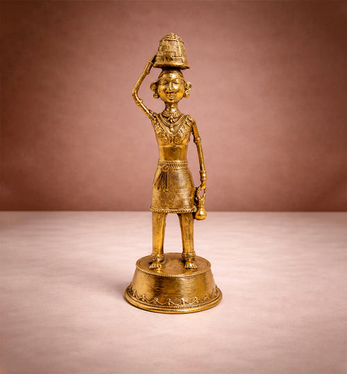 Handcrafted Brass Tribal Woman Figurine – Traditional Bhareva Bell Metal Sculpture