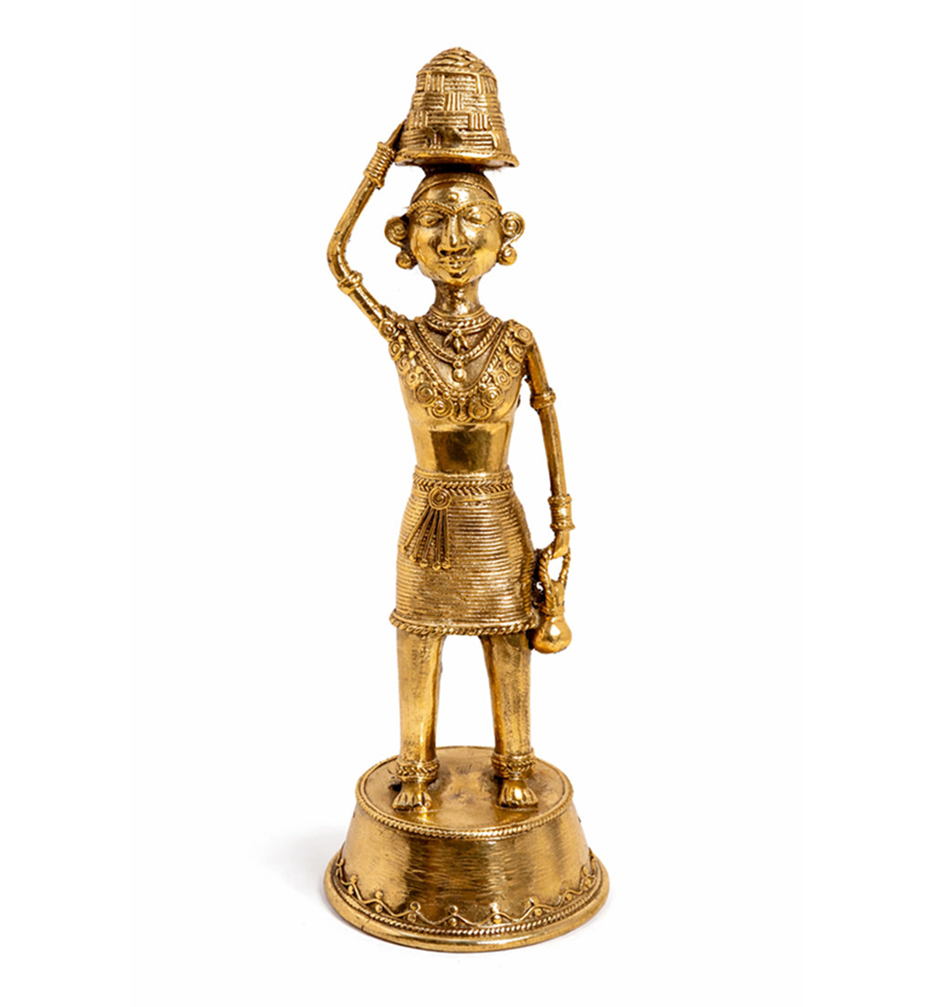 Handcrafted Brass Tribal Woman Figurine – Traditional Bhareva Bell Metal Sculpture