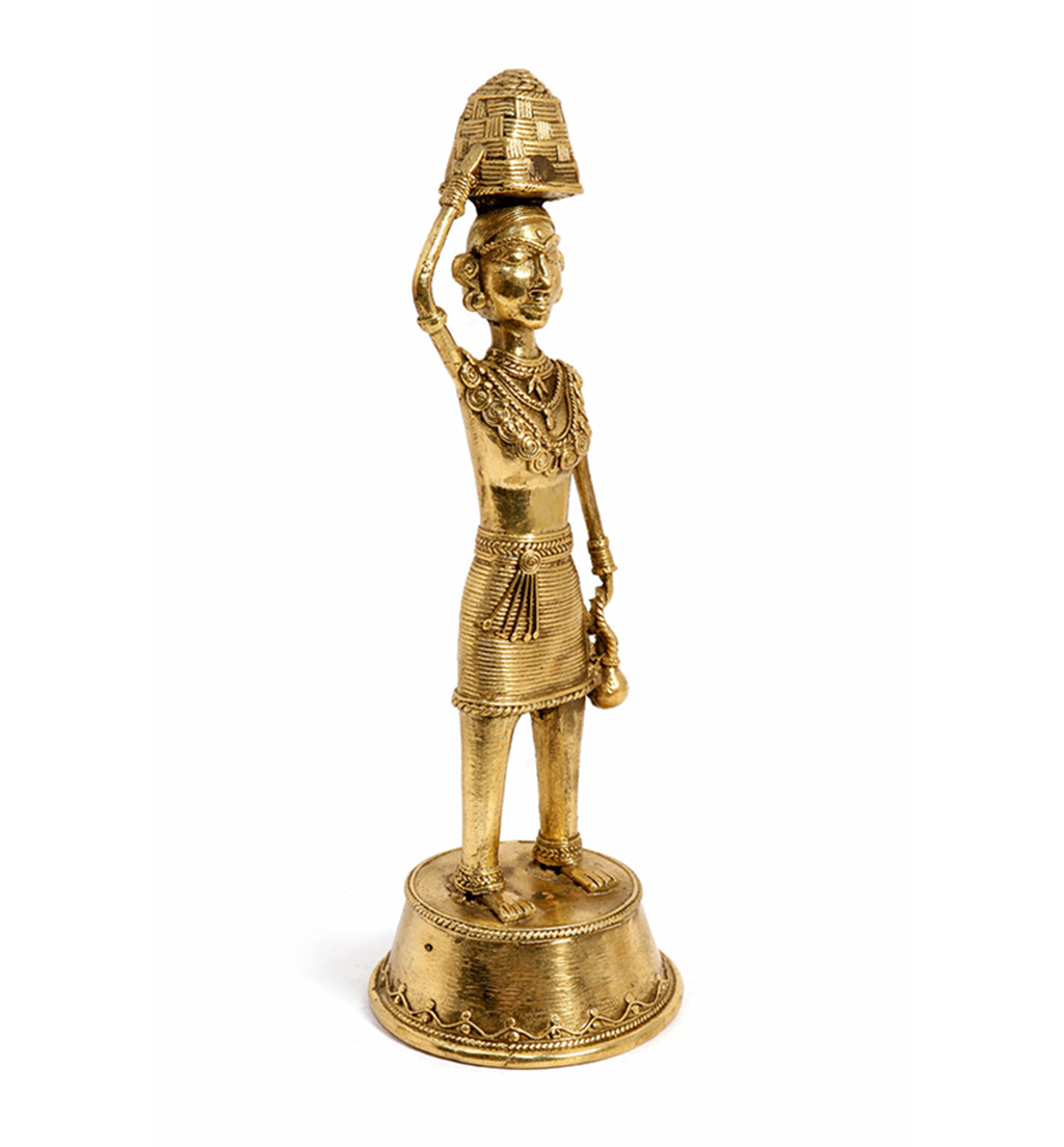 Handcrafted Brass Tribal Woman Figurine – Traditional Bhareva Bell Metal Sculpture