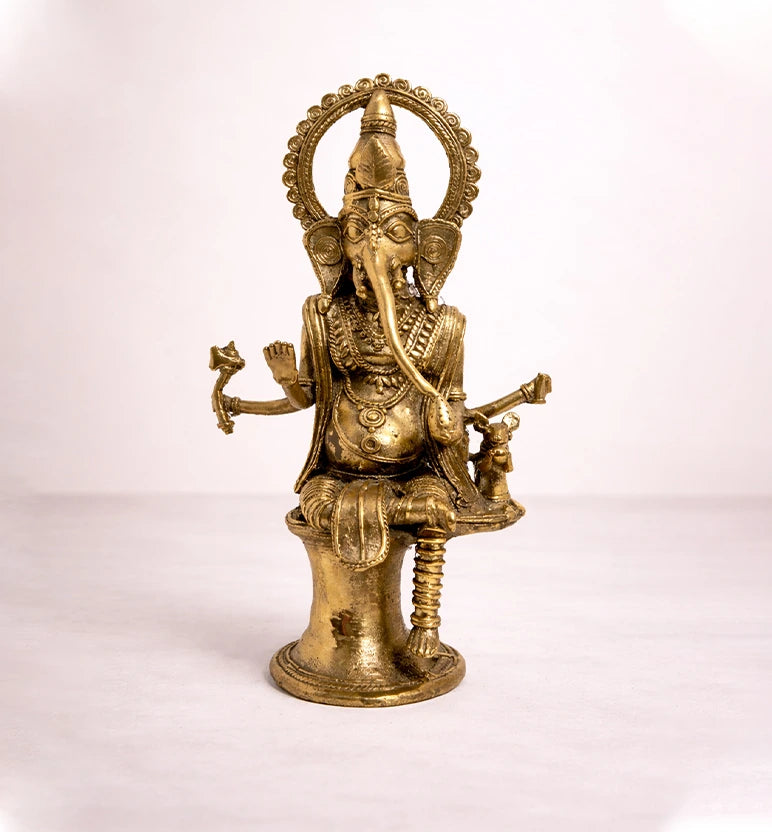 Handcrafted Large Brass Ganesh Idol – Traditional Tribal Bhareva Bell Metal Sculpture