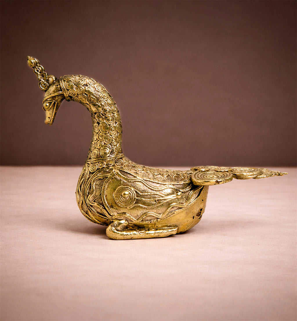 Handcrafted Brass Sitting Peacock Sculpture – Traditional Bhareva Bell Metal Artefact