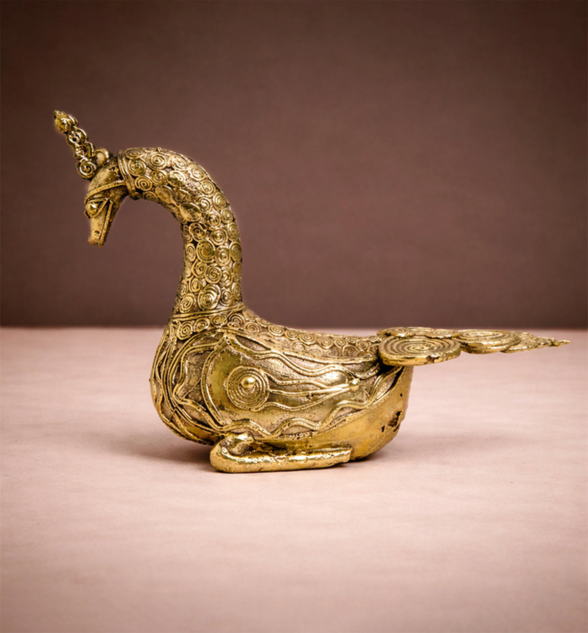Handcrafted Brass Sitting Peacock Sculpture – Traditional Bhareva Bell Metal Artefact
