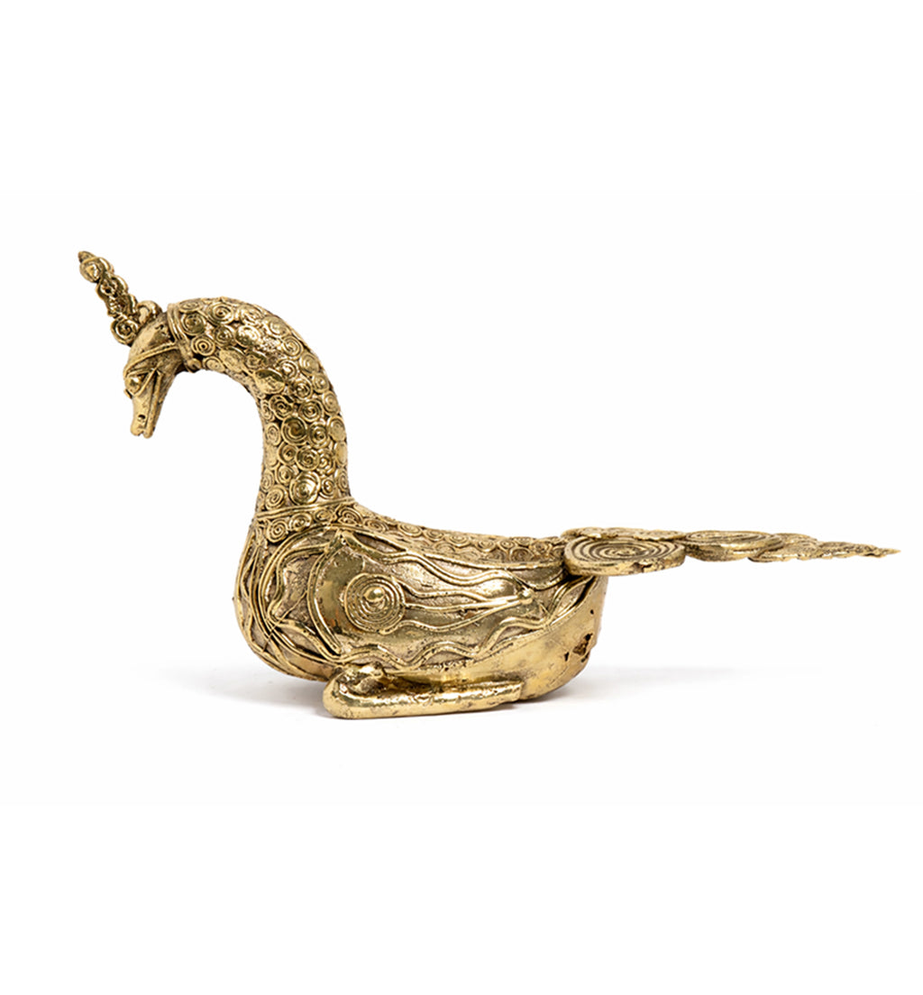 Handcrafted Brass Sitting Peacock Sculpture – Traditional Bhareva Bell Metal Artefact