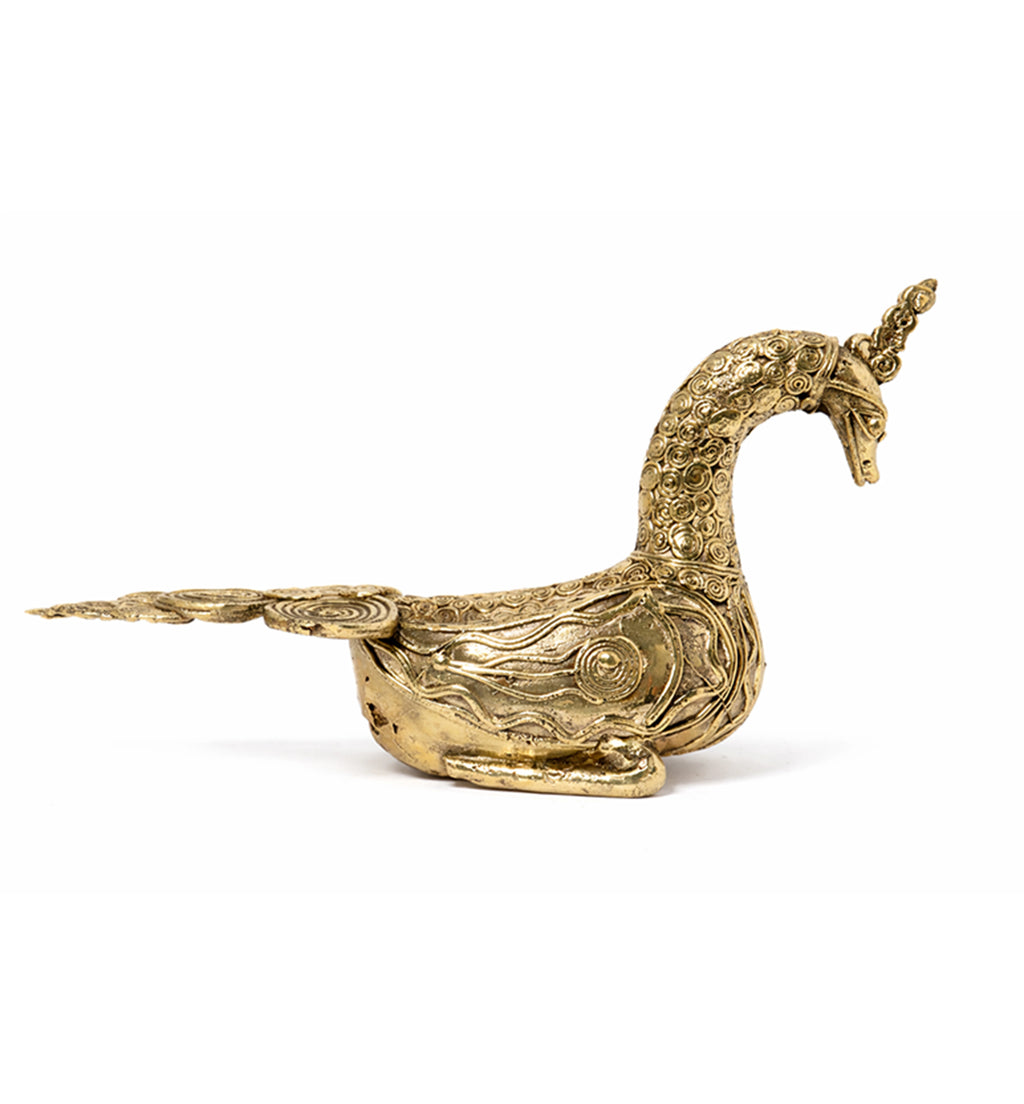 Handcrafted Brass Sitting Peacock Sculpture – Traditional Bhareva Bell Metal Artefact