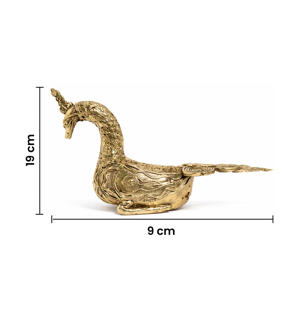Handcrafted Brass Sitting Peacock Sculpture – Traditional Bhareva Bell Metal Artefact