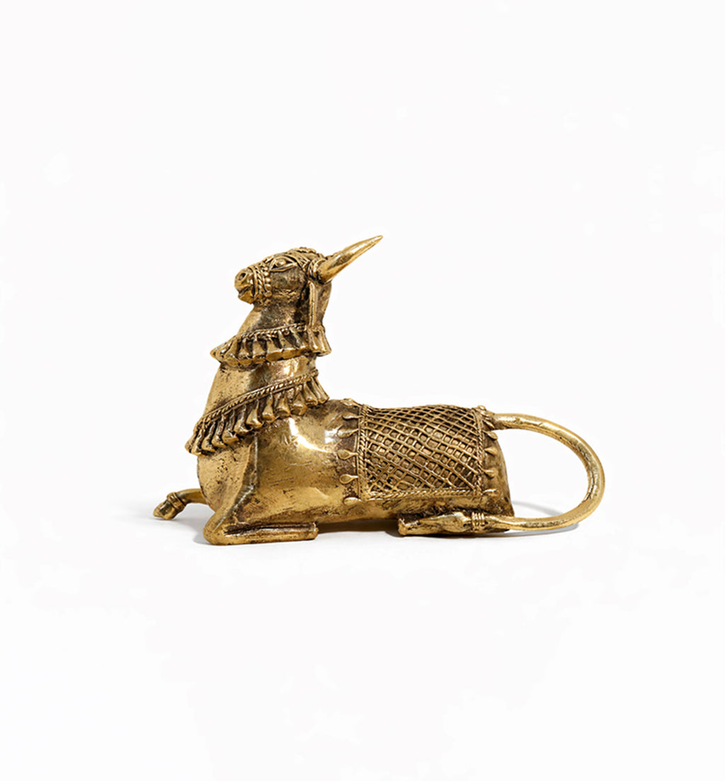 Handcrafted Brass Sitting Nandi Idol – Traditional Bhareva Bell Metal Sacred Bull Show piece