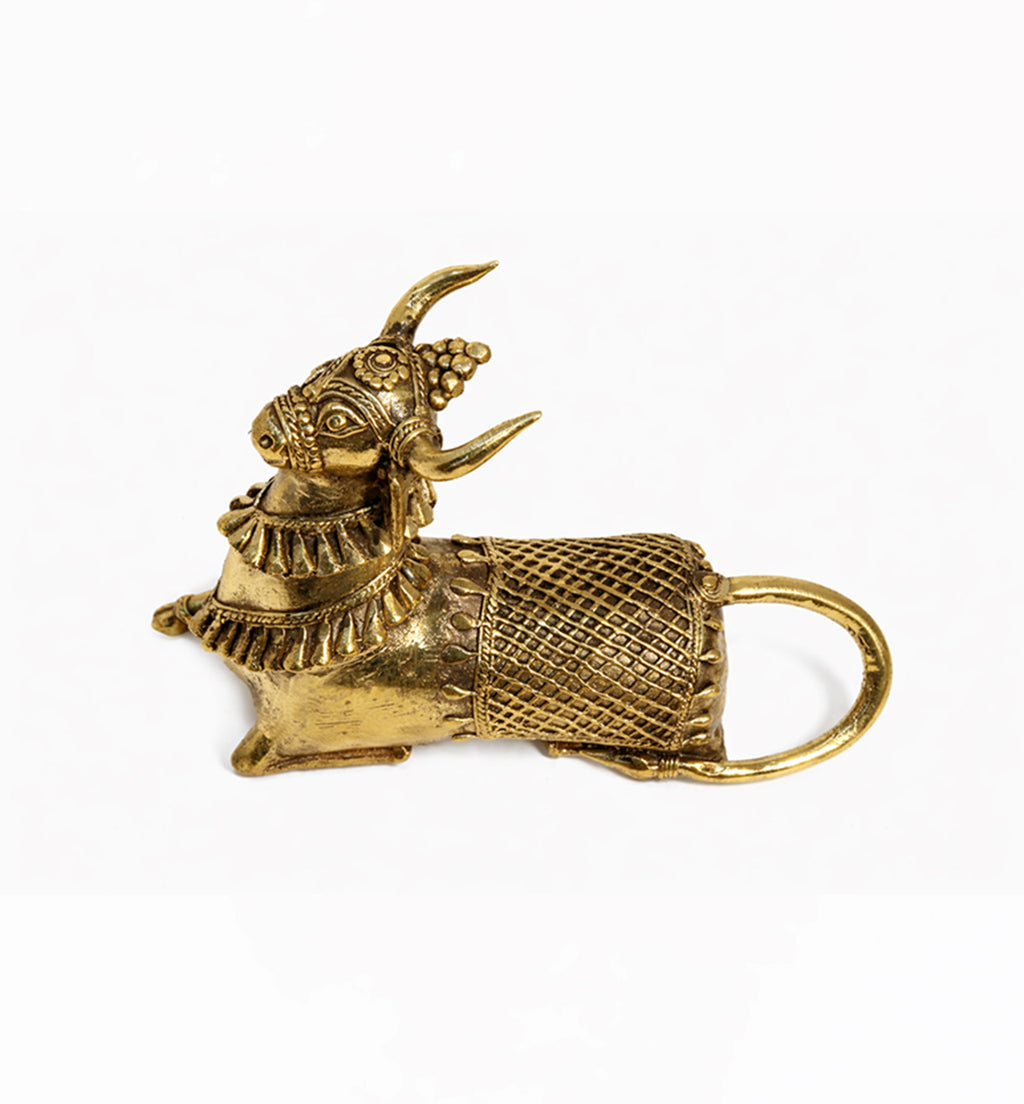 Handcrafted Brass Sitting Nandi Idol – Traditional Bhareva Bell Metal Sacred Bull Show piece