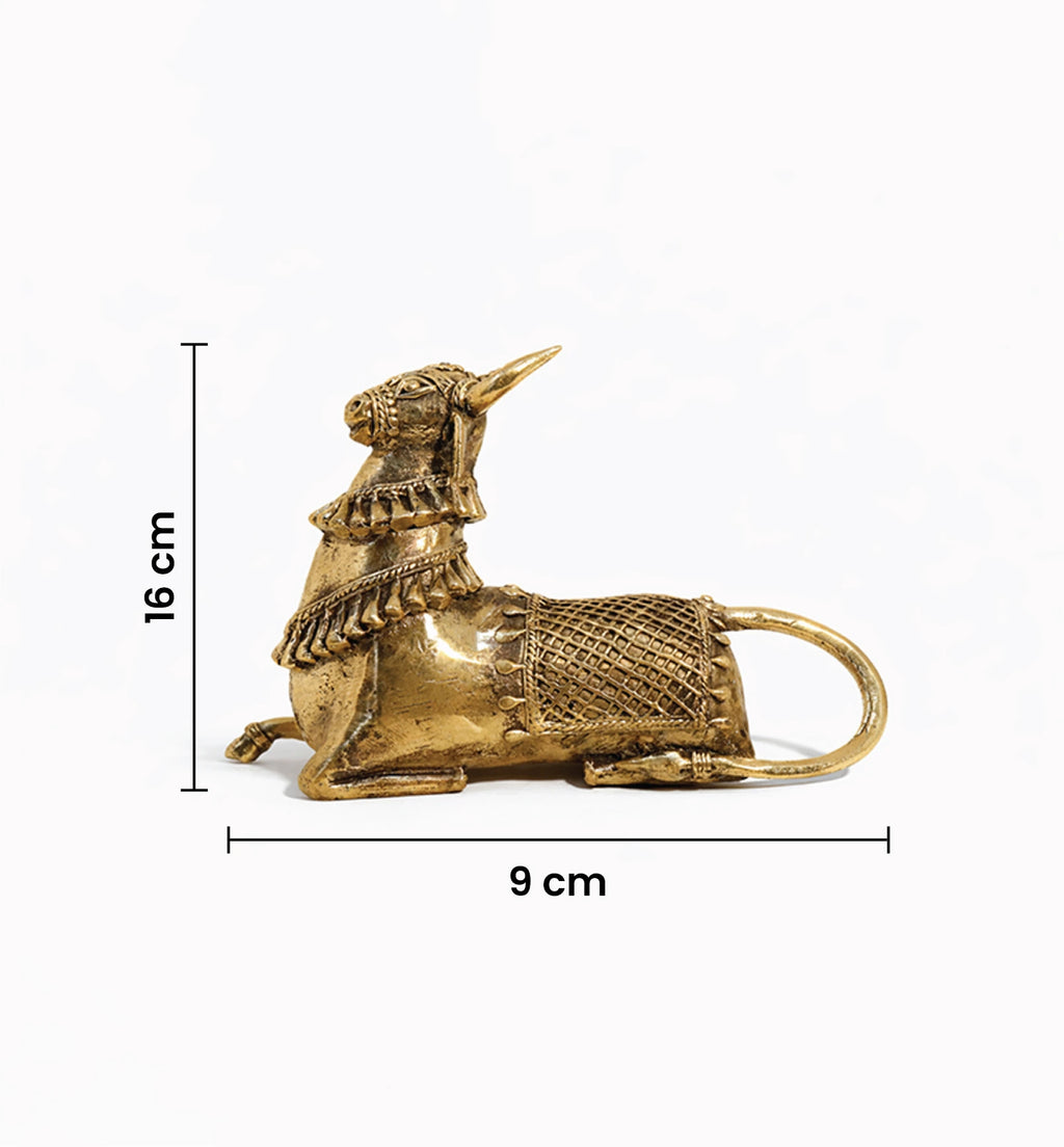 Handcrafted Brass Sitting Nandi Idol – Traditional Bhareva Bell Metal Sacred Bull Show piece