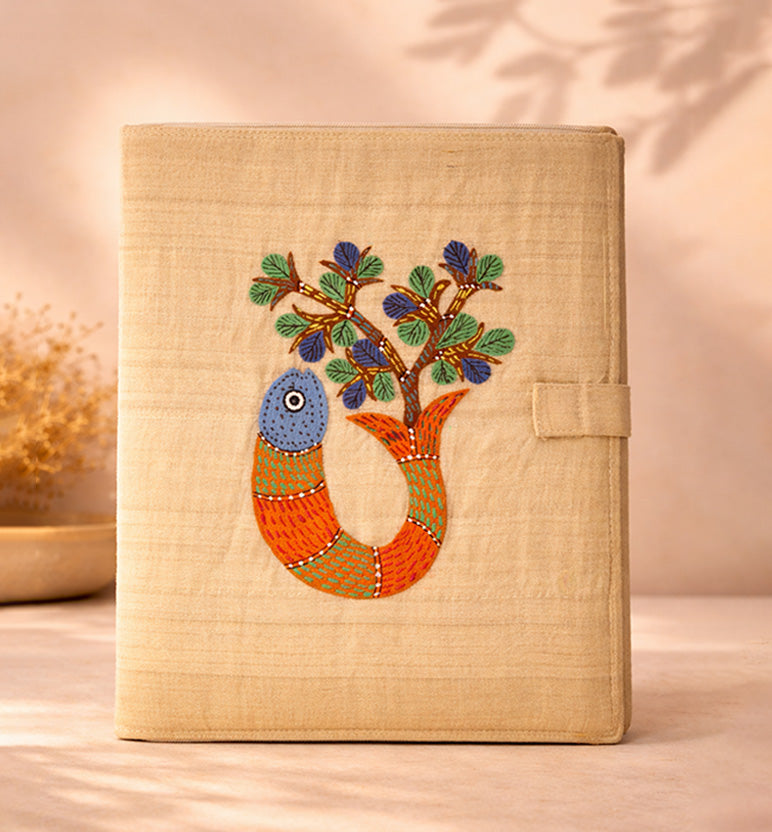 Handcrafted Gond Fabric File Folder – Fish and Tree Pattern