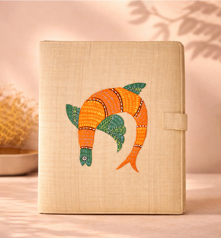 Handcrafted Traditional Gond Art Fabric File Folder – Colourful Fish Motif