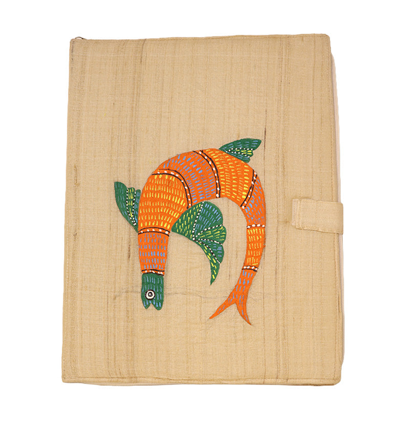 Handcrafted Traditional Gond Art Fabric File Folder – Colourful Fish Motif