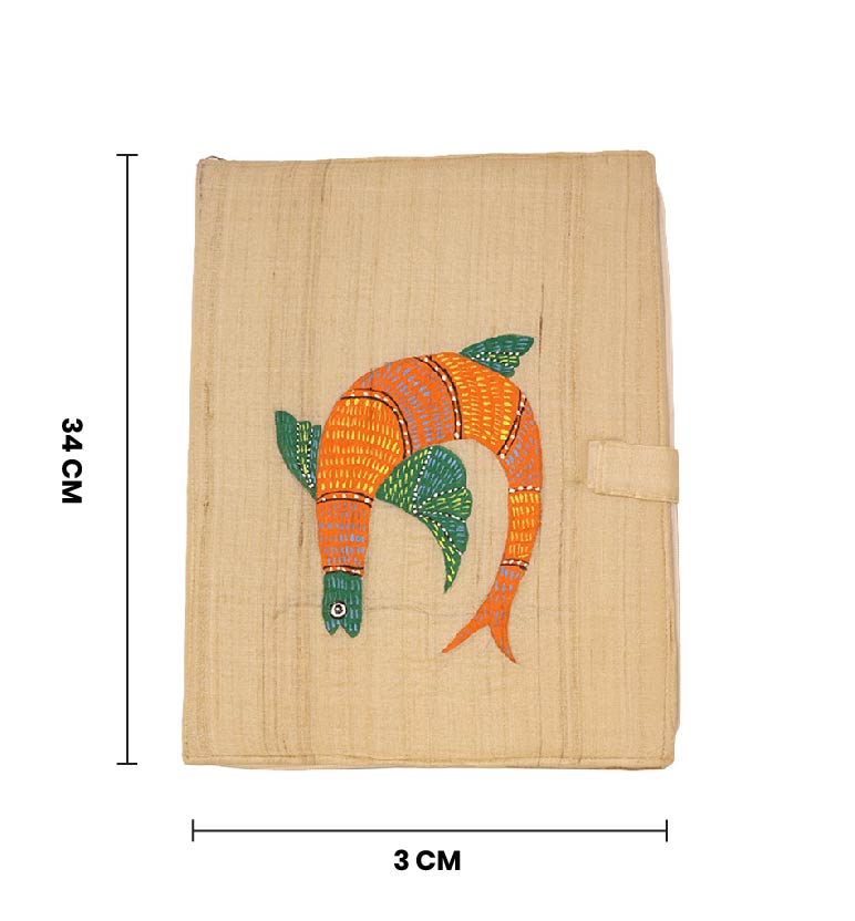 Handcrafted Traditional Gond Art Fabric File Folder – Colourful Fish Motif
