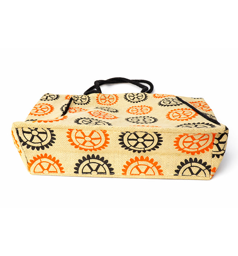 Handcrafted Printed Jute Tote Bag – Wheel Motif