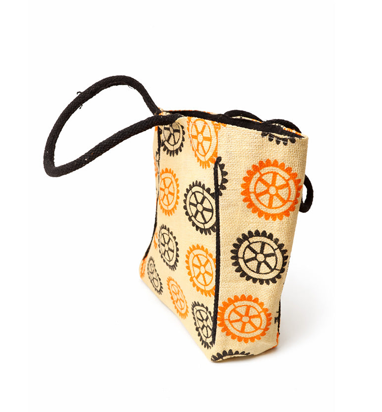 Handcrafted Printed Jute Tote Bag – Wheel Motif