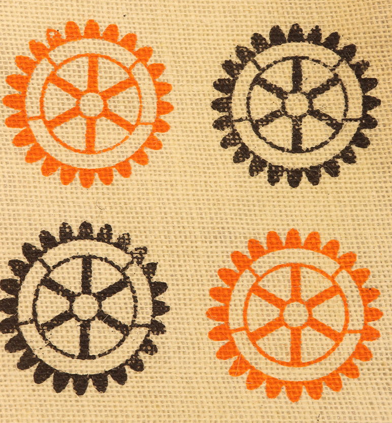 Handcrafted Printed Jute Tote Bag – Wheel Motif