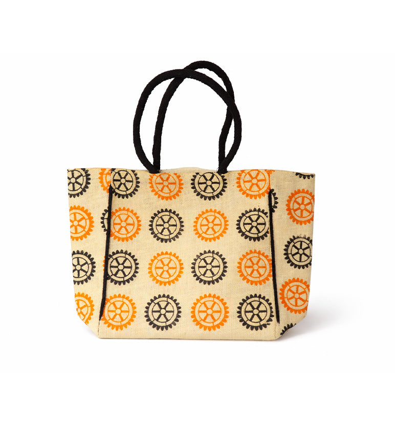 Handcrafted Printed Jute Tote Bag – Wheel Motif