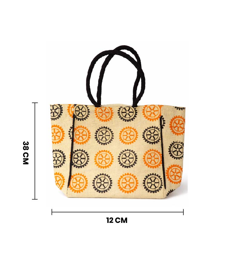 Handcrafted Printed Jute Tote Bag – Wheel Motif