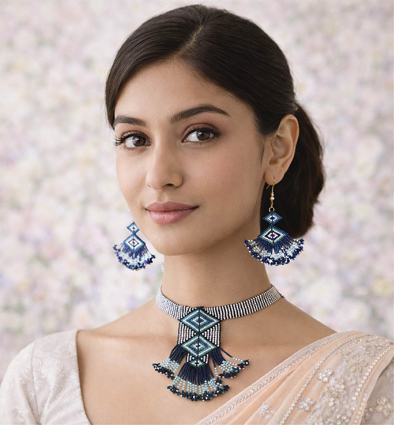 Handcrafted Geometric Beadwork Choker Necklace Set with Earrings