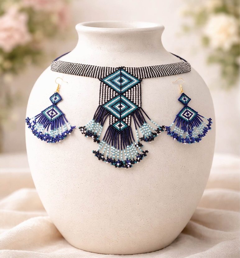 Handcrafted Geometric Beadwork Choker Necklace Set with Earrings