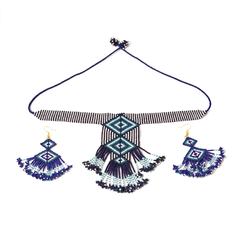 Handcrafted Geometric Beadwork Choker Necklace Set with Earrings