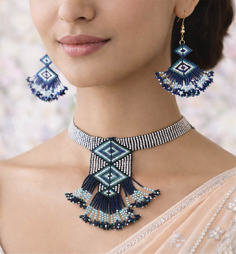 Handcrafted Geometric Beadwork Choker Necklace Set with Earrings