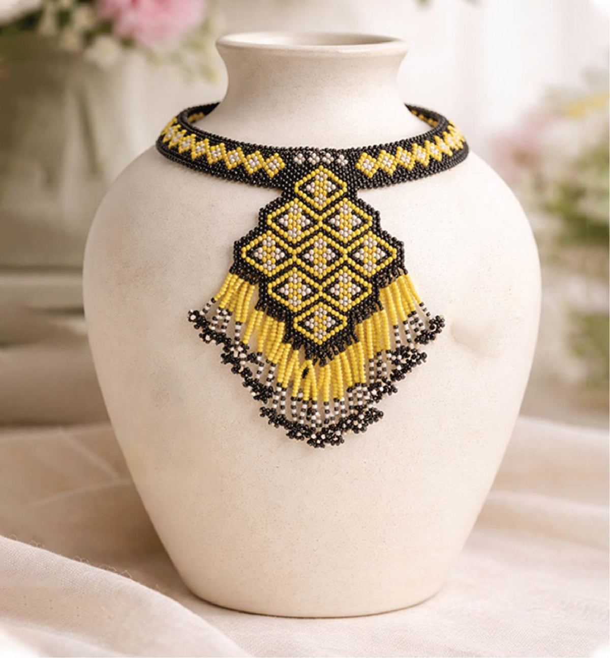 Handcrafted Geometric Beadwork Choker Necklace Set with Earrings