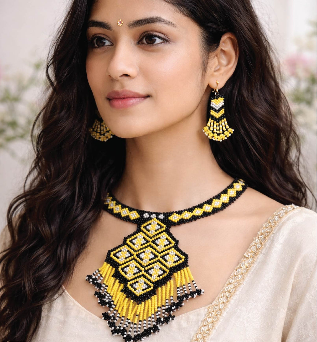 Handcrafted Geometric Beadwork Choker Necklace Set with Earrings